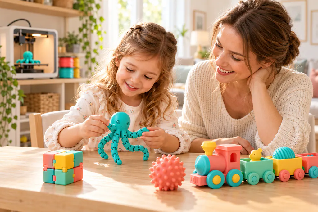 Mãe e filha brincando juntas à mesa com polvo articulado e brinquedos sensoriais impressos em 3D
