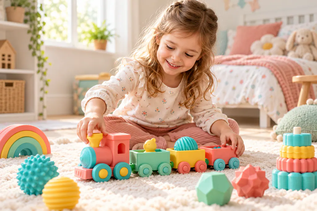 Menina sorrindo brincando com trenzinho colorido impresso em 3D no tapete da sala
