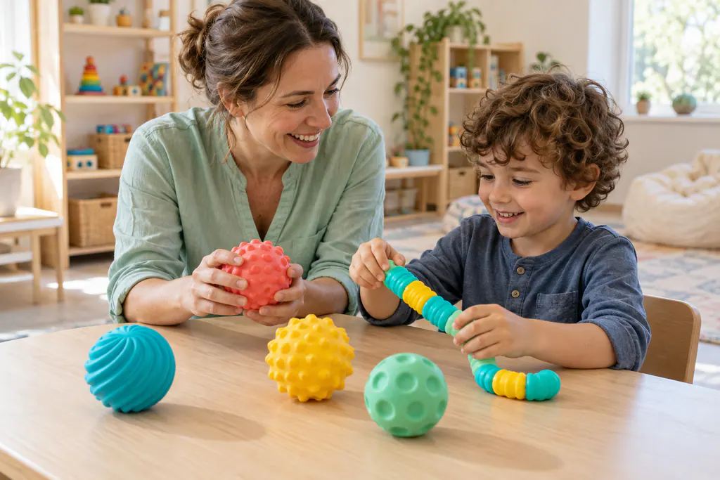 Terapeuta ocupacional brincando com menino com bolas sensoriais impressas em 3D